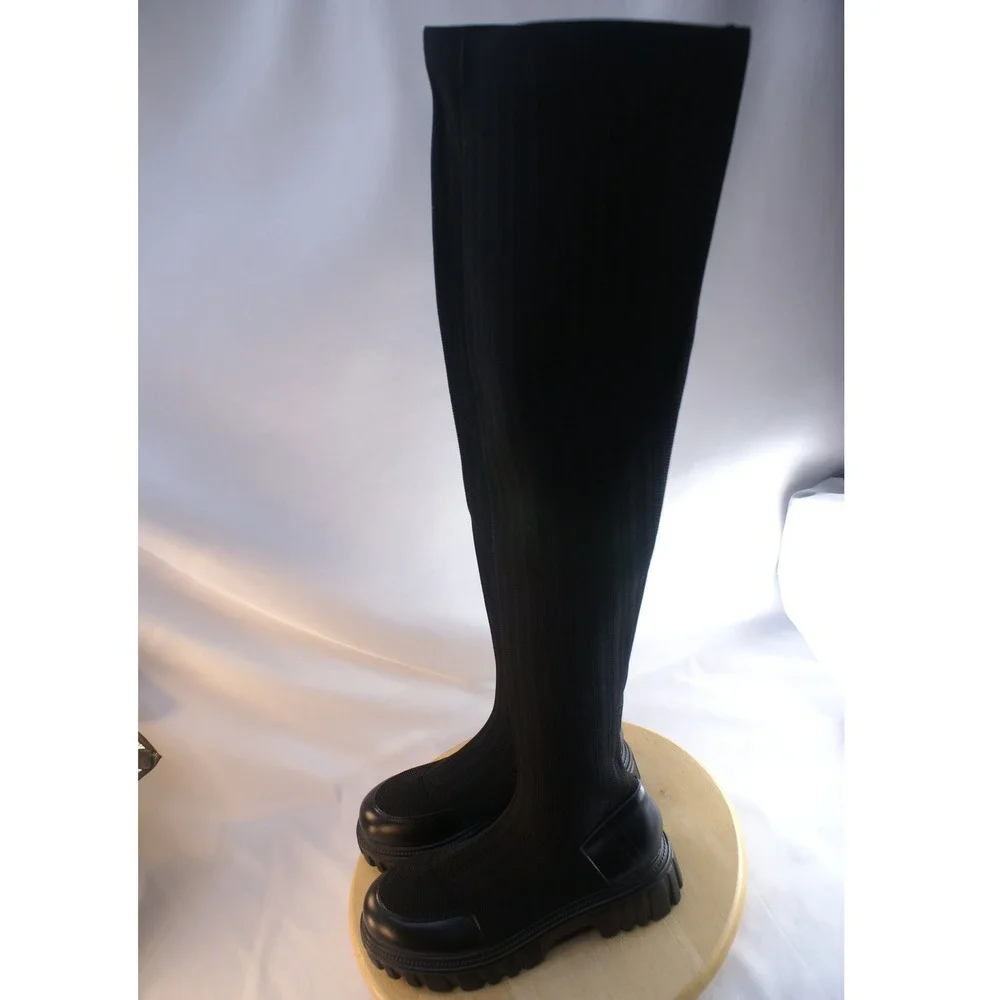 Cincoo Womens Black Ribbed Knit Over The Knee Lug Sole Platform Boots Size 6.5